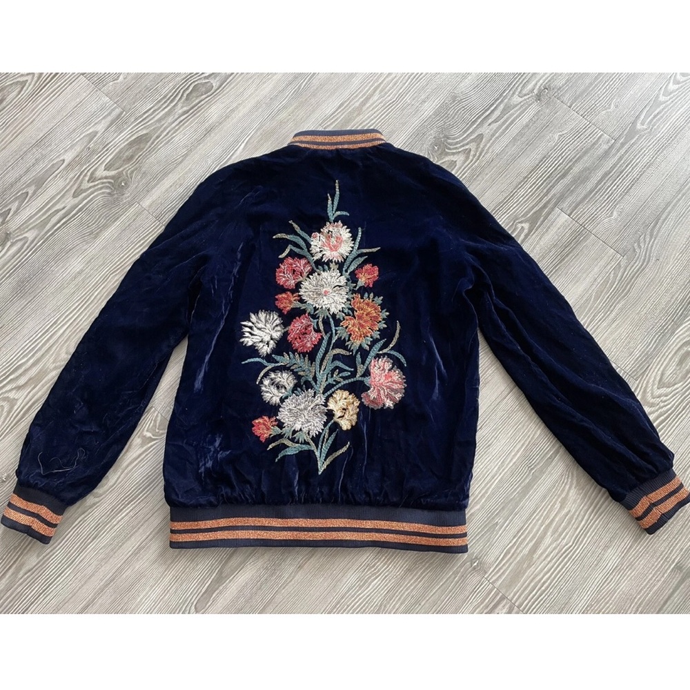 Zara Trafaluc Floral Embroidered Bomber Jacket in Crushed Velvet NWOT - Picture 6 of 9